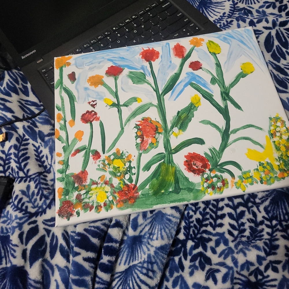 Original Watercolor Garden Floral Painting with Red and Yellow Wildflowers